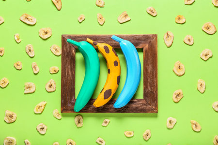 Creative composition with painted bananas and empty frame on color backgroundの写真素材