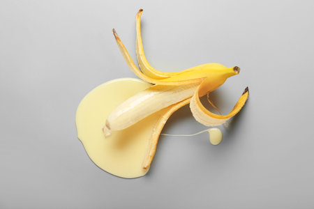 Creative composition with banana on gray backgroundの写真素材