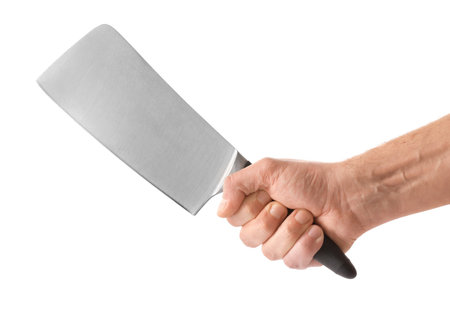 Male hand with knife on white backgroundの写真素材
