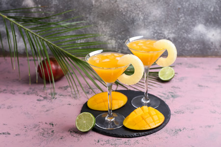 Glasses of tasty mango margarita on grunge backgroundの写真素材