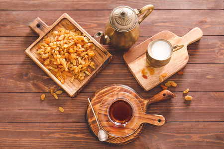 Cup with hot Turkish tea, raisins and jug of milk on wooden backgroundの写真素材