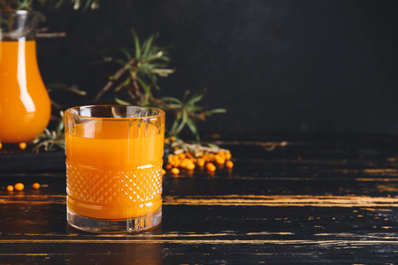 Glass of healthy sea buckthorn juice on tableの写真素材