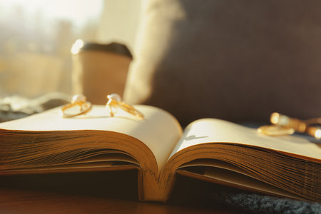 Open old book and accessories on table, closeupの写真素材