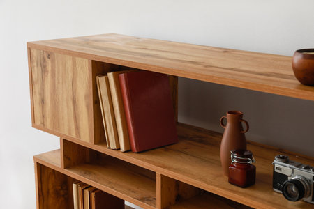 Shelving unit with books and decor in interior of room