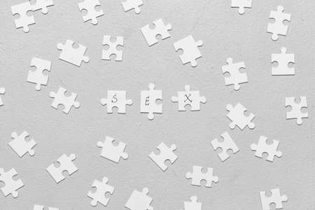 Puzzle pieces with word SEX on gray backgroundの写真素材