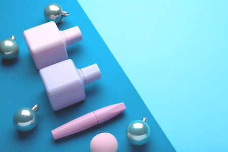 Christmas composition with cosmetics on color backgroundの写真素材