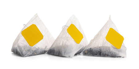 Tea bags on white backgroundの写真素材