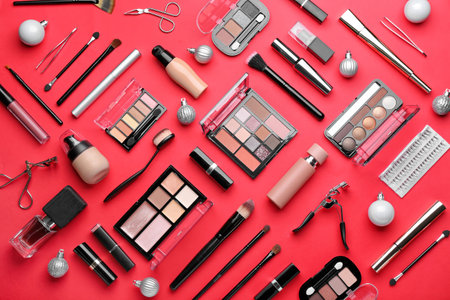 Christmas composition with cosmetics on color backgroundの写真素材