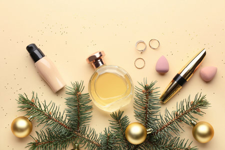Christmas composition with cosmetics on color backgroundの写真素材