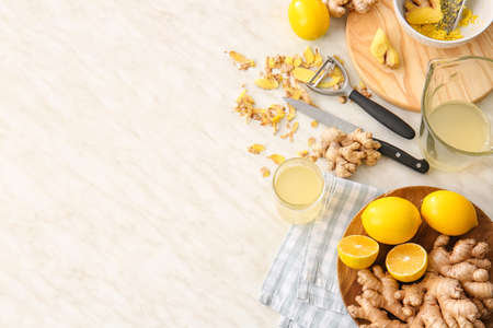 Composition with ingredients for healthy ginger juice on table