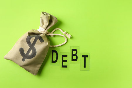 Money bag and word DEBT on color backgroundの写真素材
