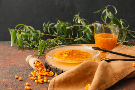 Tasty homemade sea buckthorn jam on table