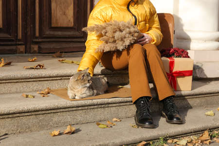 Woman with cat and gift sitting near entrance of house on autumn day