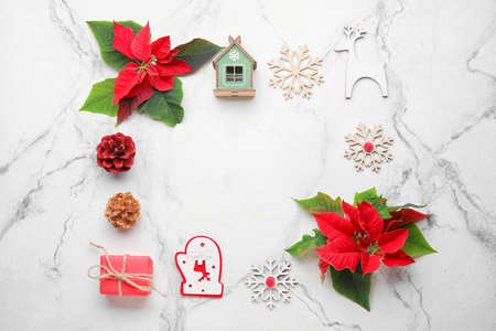 Composition with flowers of Christmas plant poinsettia on light background