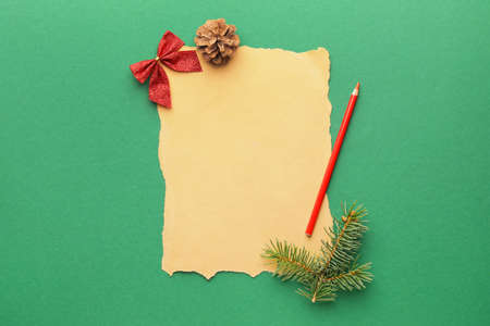 Blank letter to Santa and Christmas decor on color background