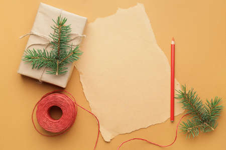 Blank letter to Santa and Christmas decor on color background