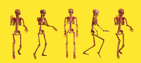 Set of bloodstained human skeleton on yellow backgroundの写真素材
