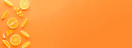 Pieces of ripe oranges on color background with space for textの写真素材