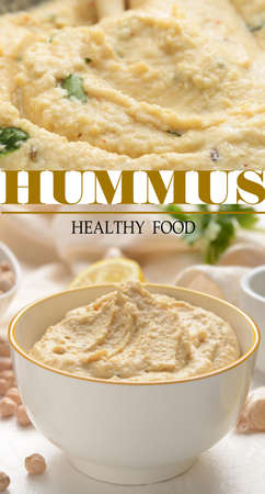 Bowl with tasty hummus on light background