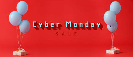 Air balloons with text CYBER MONDAY SALE and gifts on red backgroundの写真素材