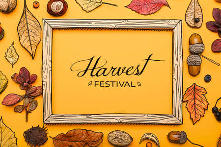 Beautiful autumn composition with photo frame and text HARVEST FESTIVAL on yellow background
