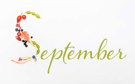 Word SEPTEMBER with autumn leaves and berries on white background