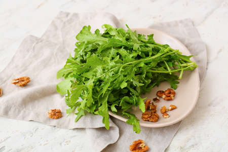 Plate with arugula on light backgroundの写真素材