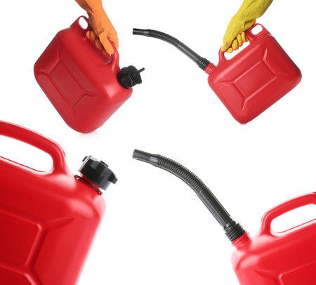 Set of plastic jerrycan with nozzle on white backgroundの写真素材
