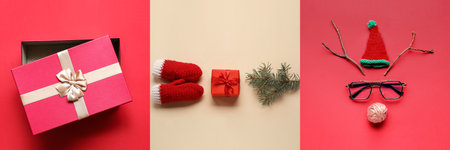 Beautiful Christmas collage on pink and beige backgroundの写真素材