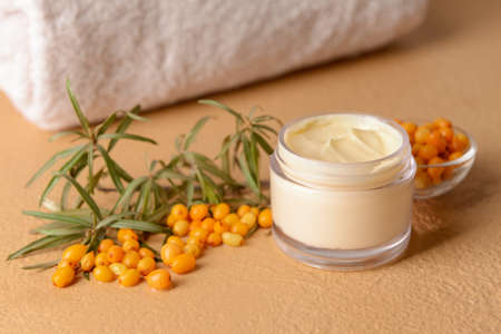 Jar of healthy sea buckthorn cream on color backgroundの写真素材