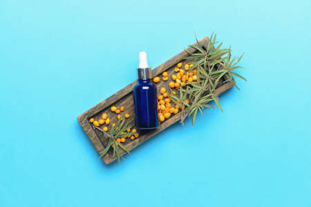 Bottle of healthy sea buckthorn oil on color backgroundの写真素材