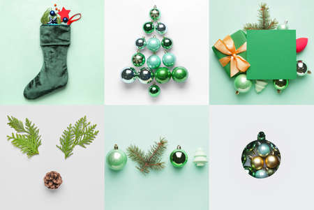 Beautiful Christmas collage on green and white backgroundの写真素材