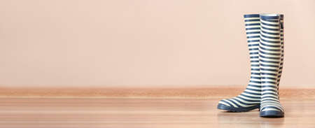 Pair of rubber rain boots on light background with space for textの写真素材