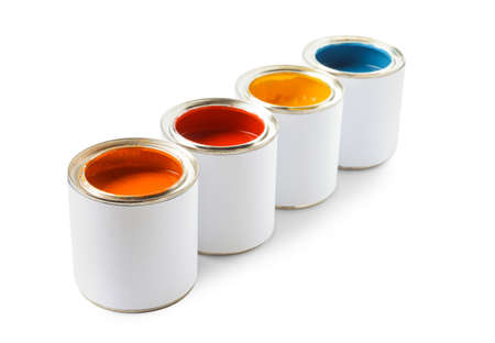 Paint cans on white backgroundの写真素材