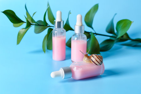 Cosmetics with mucin and snail on color backgroundの写真素材