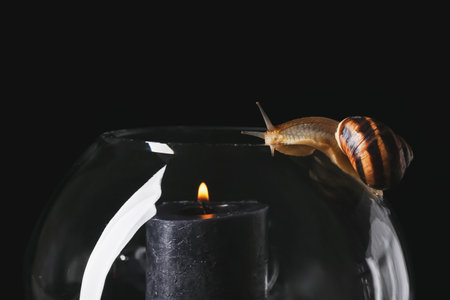 Glass vase with snails and candle on dark backgroundの写真素材