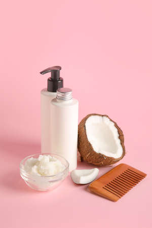 Composition with coconut oil on color backgroundの写真素材