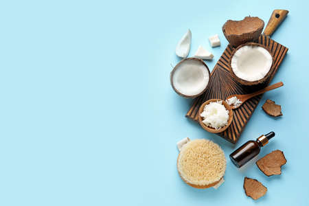 Composition with coconut oil and brush on color background