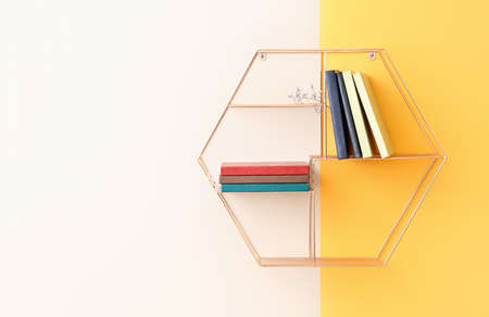 Shelf with books hanging on colorful wallの写真素材