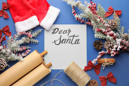 Blank letter to Santa and Christmas decor on color backgroundの写真素材