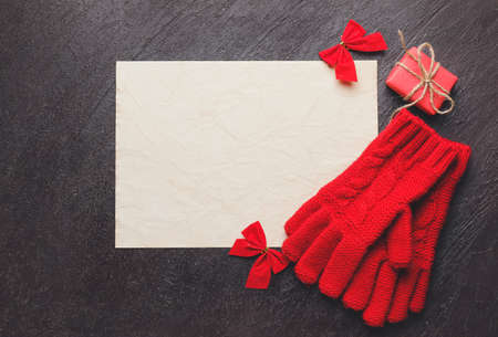 Blank letter to Santa and Christmas decor on dark backgroundの写真素材