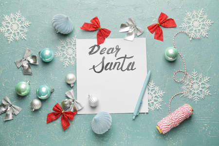 Blank letter to Santa and Christmas decor on color backgroundの写真素材
