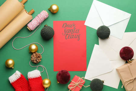 Blank letter to Santa and Christmas decor on color backgroundの写真素材