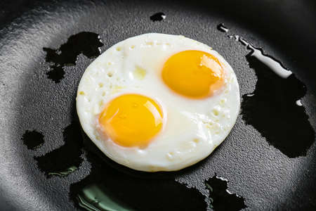 Frying pan with tasty eggs, closeupの写真素材