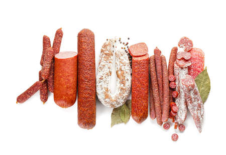 Different tasty sausages on white backgroundの写真素材