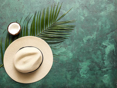 Stylish hat, palm leaf and coconut on color backgroundの写真素材