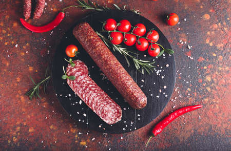 Composition with tasty salami and tomatoes on grunge background