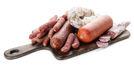Board with different sausages on white backgroundの写真素材