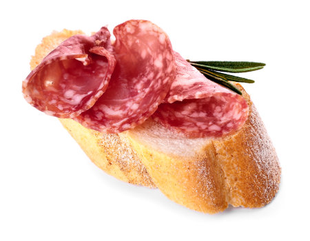 Tasty sandwich with salami on white background