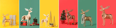 Set of wooden reindeer with Christmas decorations on color backgroundの写真素材